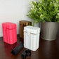 Three rectangular metal pill organizer boxes in pink, gold, and white, displayed on a dark wooden table next to a potted green plant. A black clip and a black ring clip are shown in front of the boxes.